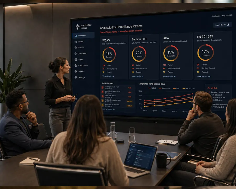 Accessibility team reviewing a compliance dashboard showing failed accessibility requirements and immediate action needed.